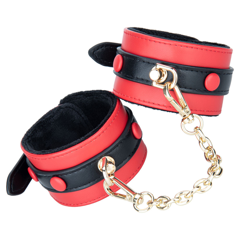 Women Faux Leather Bondage Harness with Plush Lined Shackle Handcuffs and Adjustable Restraint Cuffs Set