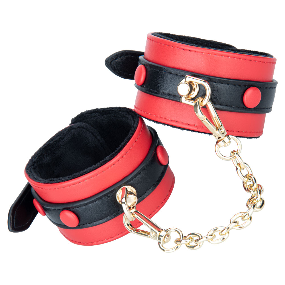 Women Faux Leather Bondage Harness with Plush Lined Shackle Handcuffs and Adjustable Restraint Cuffs Set